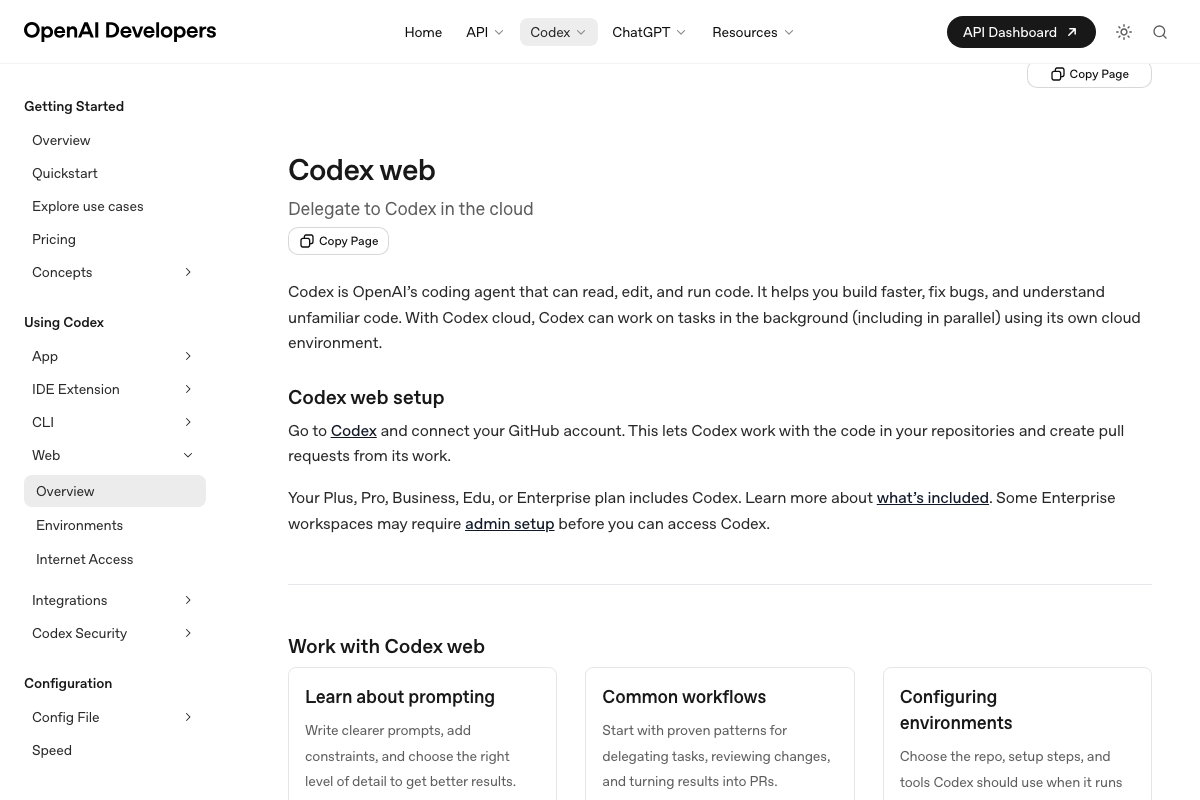 OpenAI Codex documentation showing 'Codex web' overview, sidebar surfaces (App, IDE Extension, CLI, Web), and plan requirements.