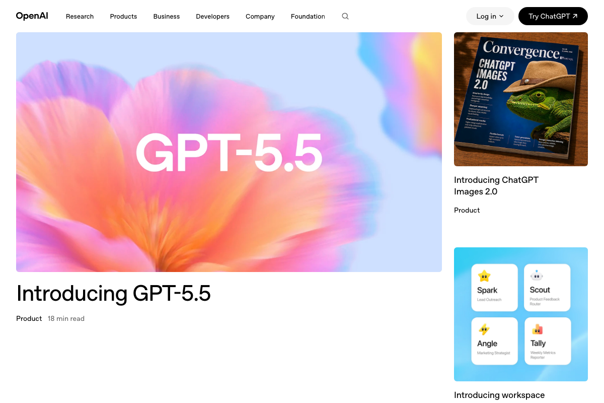 OpenAI homepage featuring GPT-5.5 launch and workspace agent templates including a named Marketing Strategist role