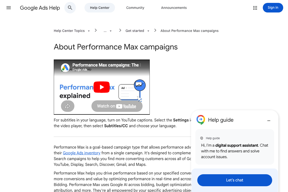 Google Ads Help: 'About Performance Max campaigns' listing six channels — YouTube, Display, Search, Discover, Gmail, and Maps.