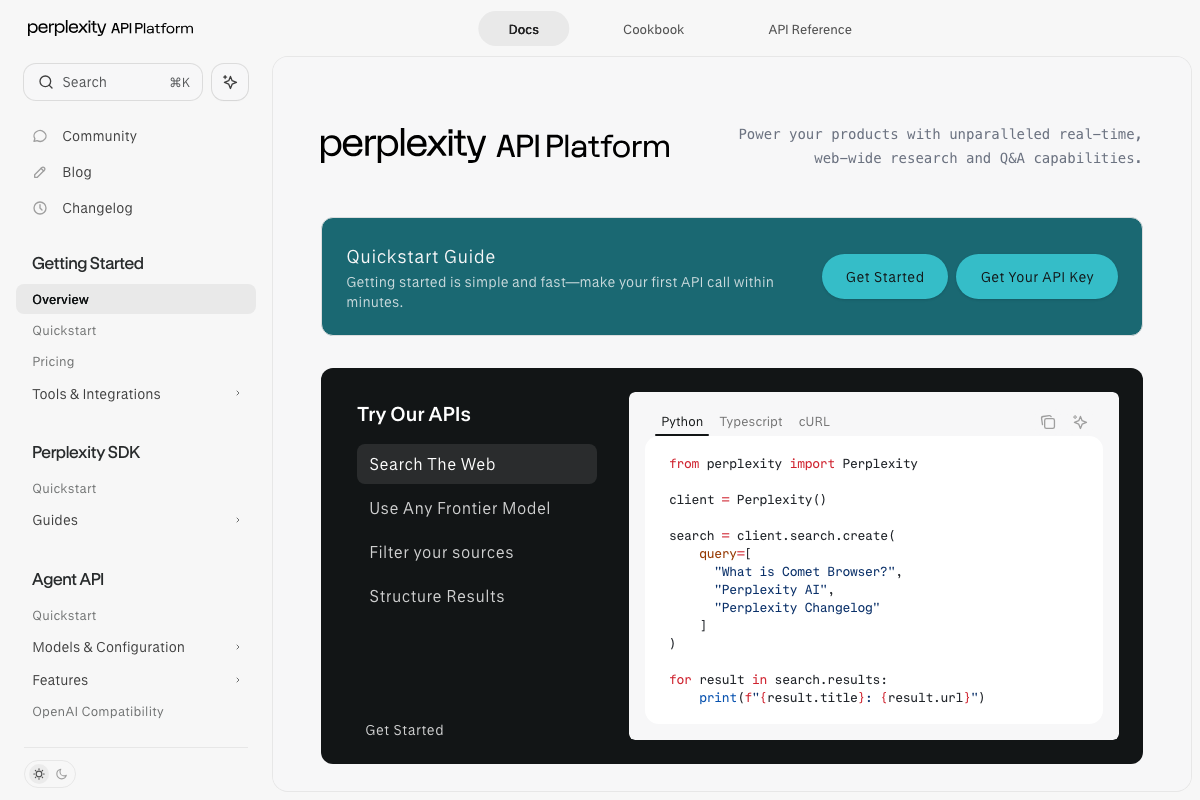 Perplexity API Platform documentation — this is the developer API surface, not the consumer search interface referenced in the video's duck test