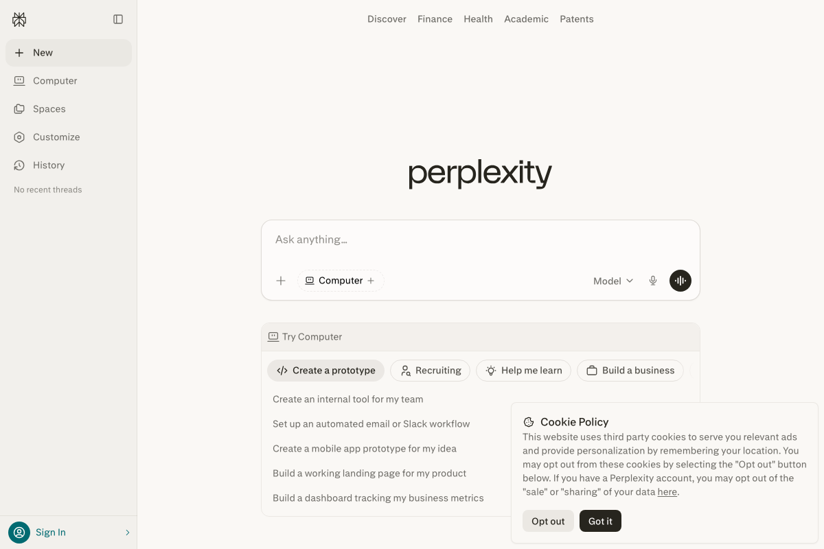 Perplexity search bar showing 'Computer' agentic mode toggle and model selector — confirming multi-mode query capability