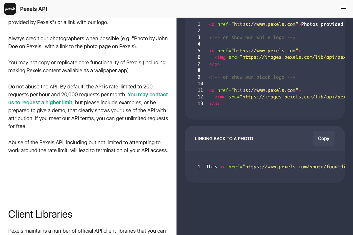Pexels API guidelines showing photographer attribution requirement and rate limits