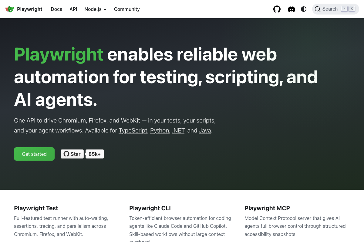 Playwright homepage naming Claude Code as a supported coding agent — Playwright MCP shown as a distinct integration path.