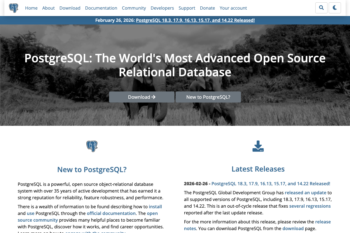 PostgreSQL homepage showing PostgreSQL 18 released 2026-02-26
