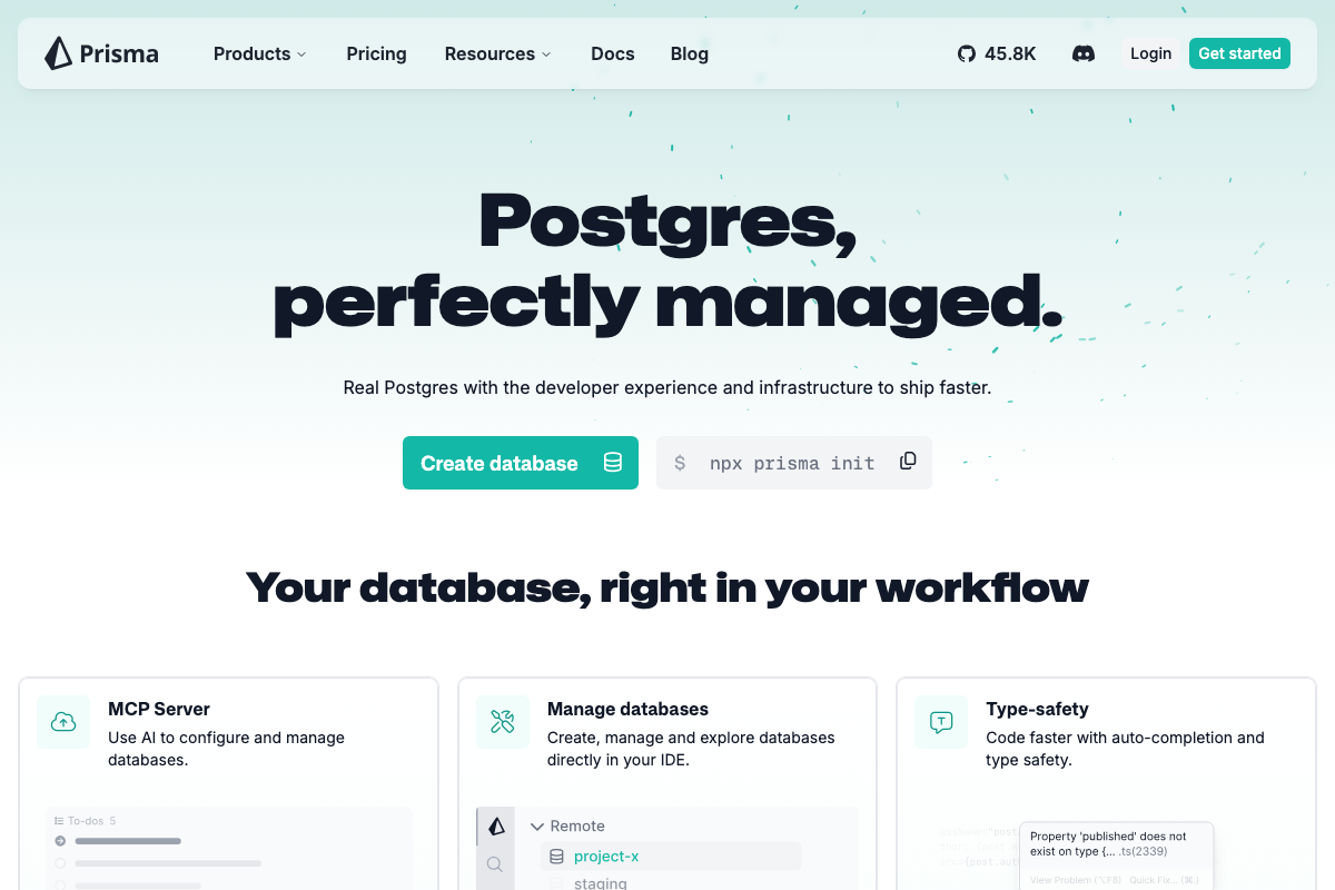 Prisma homepage showing managed Postgres service plus ORM — initialized via npx prisma init