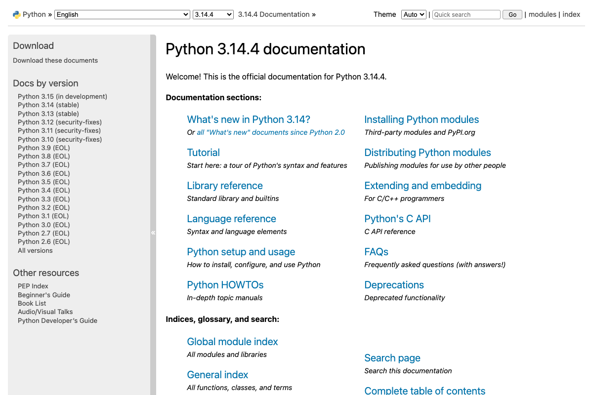 Python 3.14.4 official documentation homepage confirming the current stable version