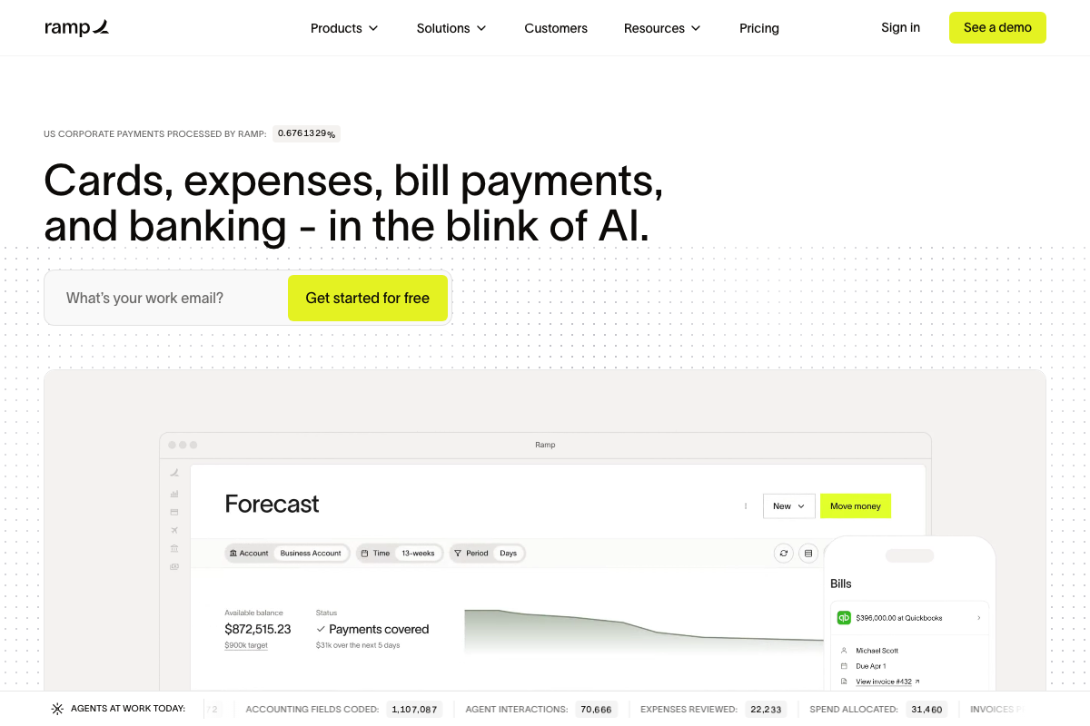 Ramp homepage showing live AI agent metrics: 1,107,087 accounting fields coded, 70,666 agent interactions, 22,233 expenses reviewed — AI usage expressed as business outcomes.