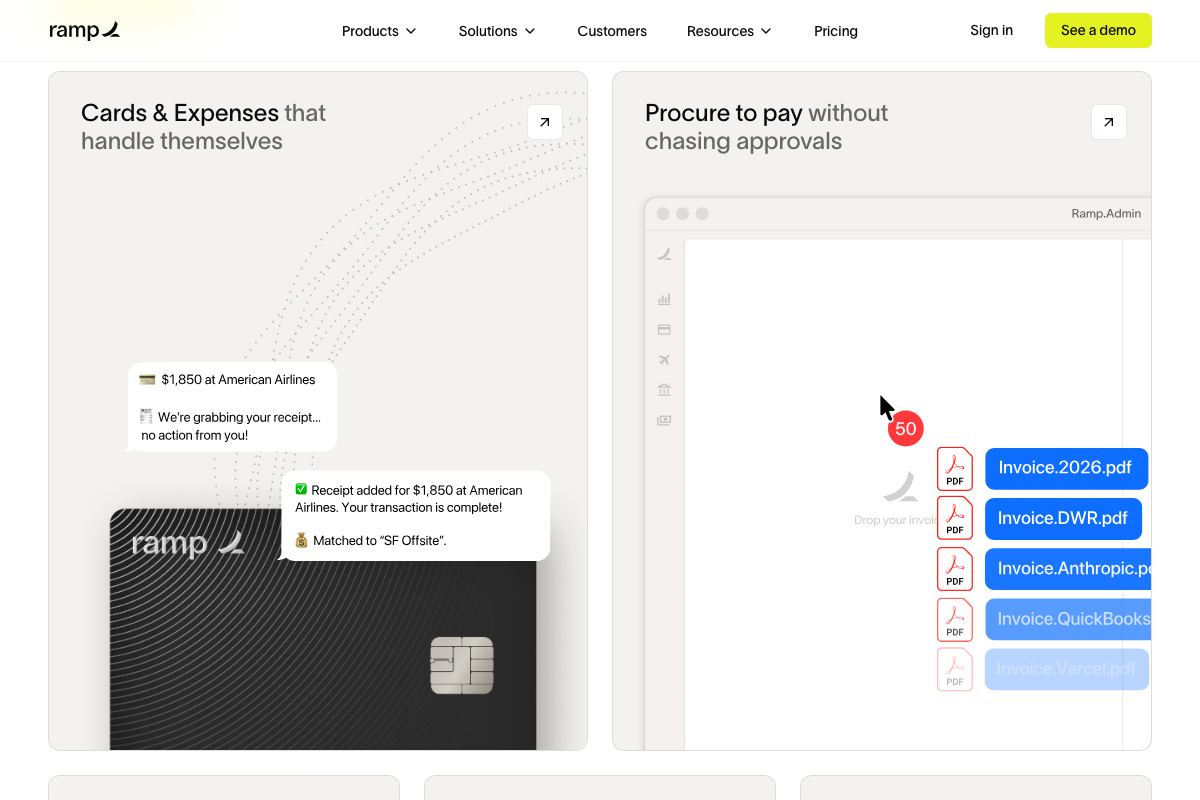 Ramp product features — automatic receipt matching and invoice processing as repeatable AI workflows tied to discrete financial outcomes.