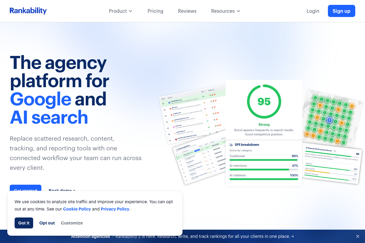 Rankability homepage hero showing the platform's SERP rank tracking UI and AI Search Performance Score (86).