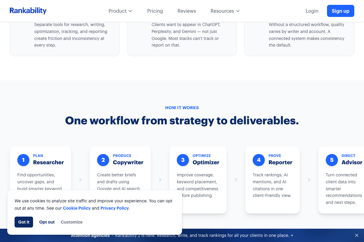 Rankability 'How It Works' section showing the five-module workflow: Researcher, Copywriter, Optimizer, Reporter, and Advisor.