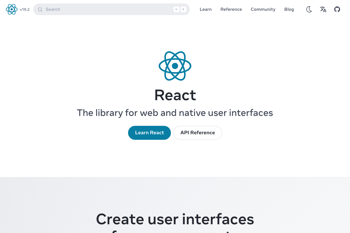React homepage showing current stable version v19.2