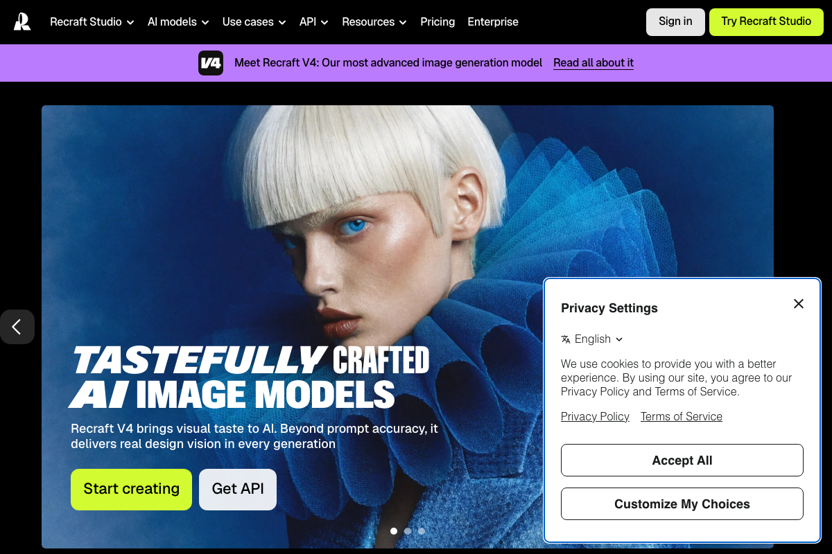 Recraft homepage confirming V4 launch with banner: 'Beyond prompt accuracy, it delivers real design vision in every generation.' Studio and API CTAs both present