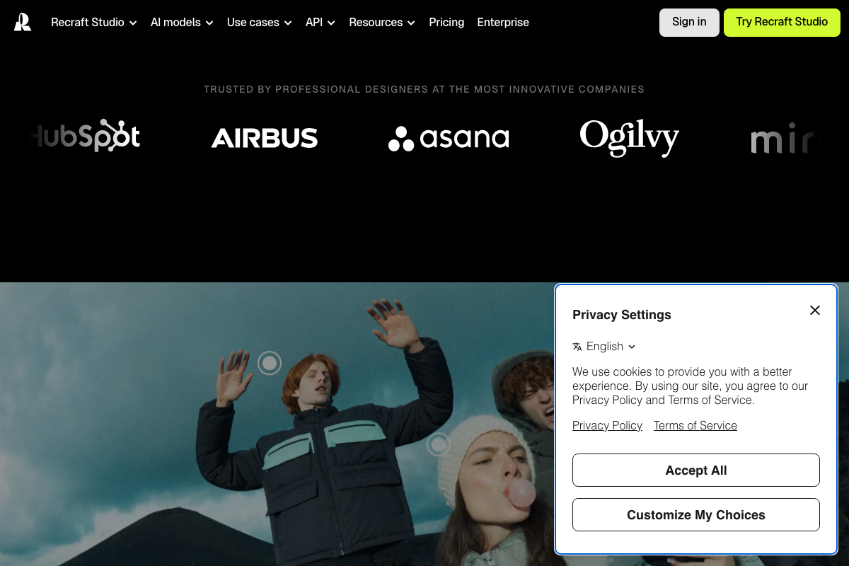 Recraft homepage social proof section showing enterprise logos including HubSpot, Airbus, Asana, and Ogilvy