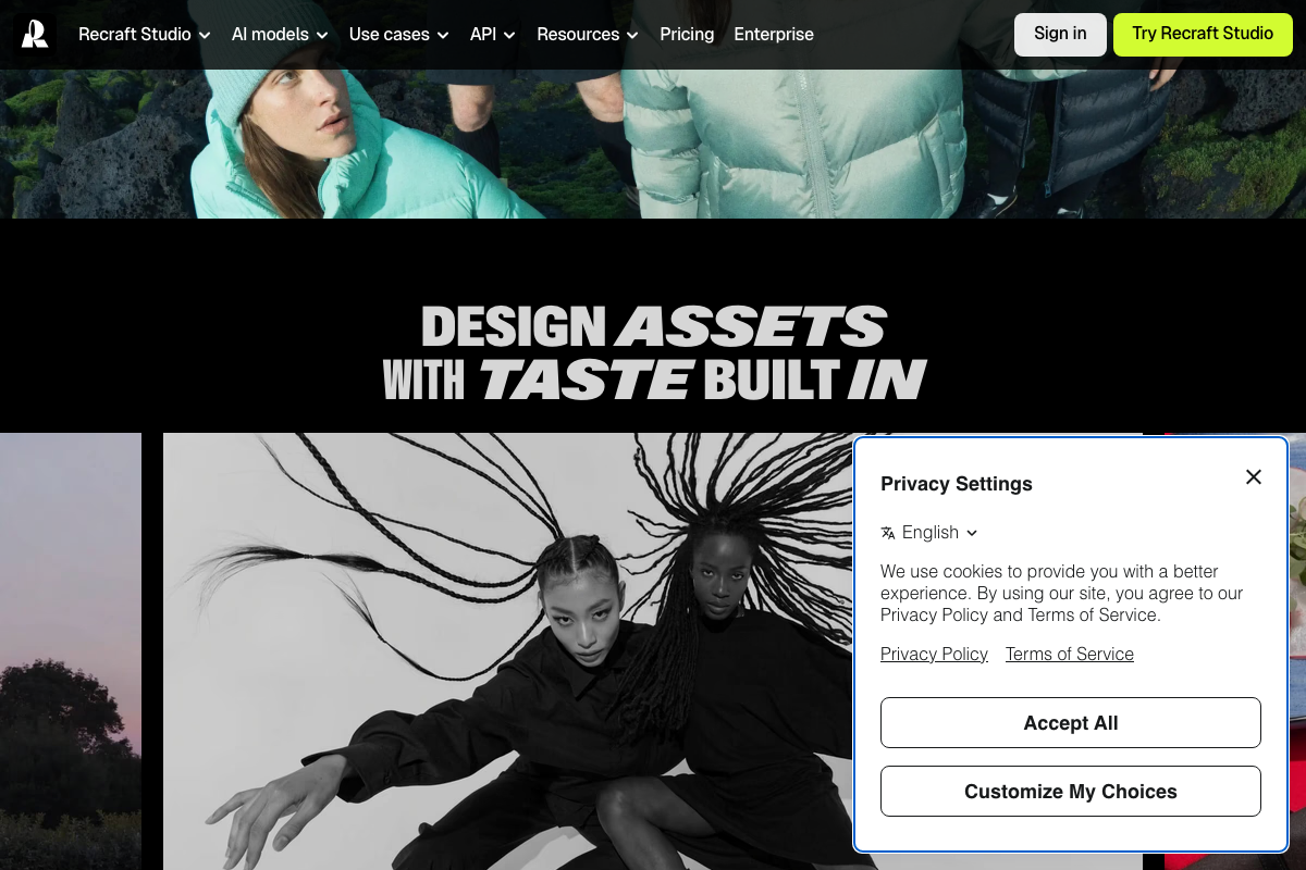 Recraft homepage secondary section with headline 'DESIGN ASSETS WITH TASTE BUILT IN'
