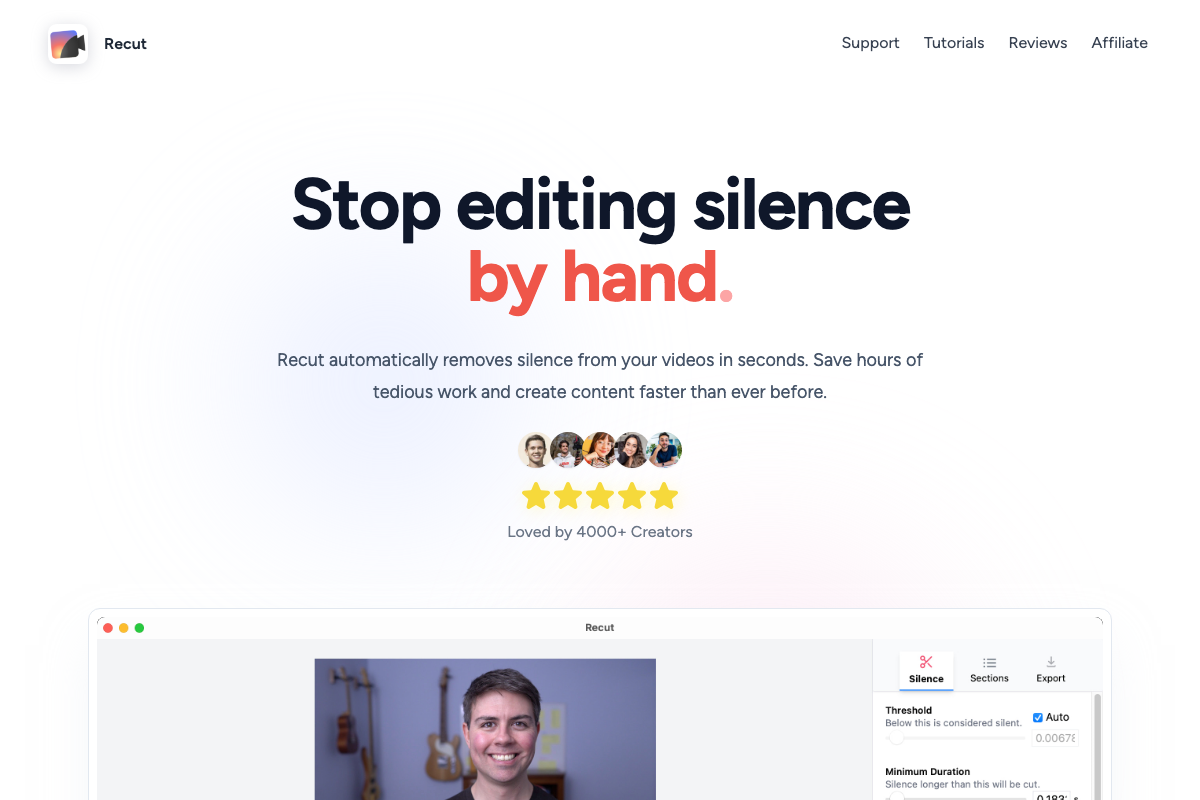Recut app UI showing the Silence, Sections, and Export tabs; Threshold set to Auto at 0.0067x with a configurable Minimum Duration field.