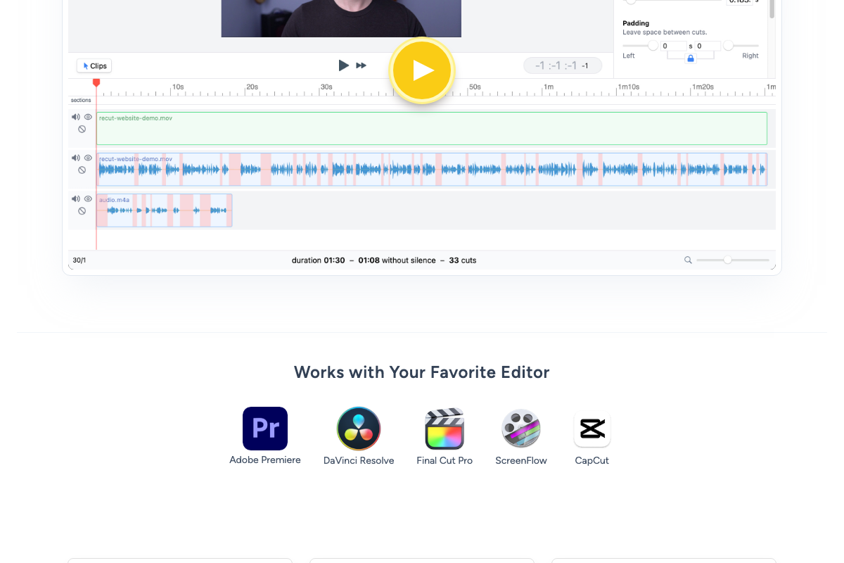 Recut timeline showing a 1:30 clip reduced to 1:08 with 33 cuts; 'Works with Your Favorite Editor' section explicitly lists DaVinci Resolve as a supported export target.