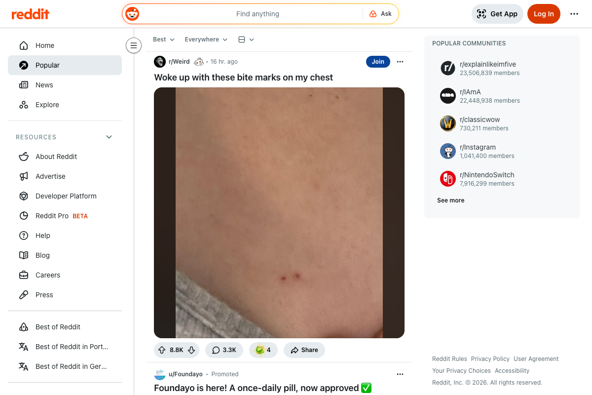 Reddit Popular feed (April 2026) — Popular Communities sidebar with member counts confirming the large vs. small subreddit size differential