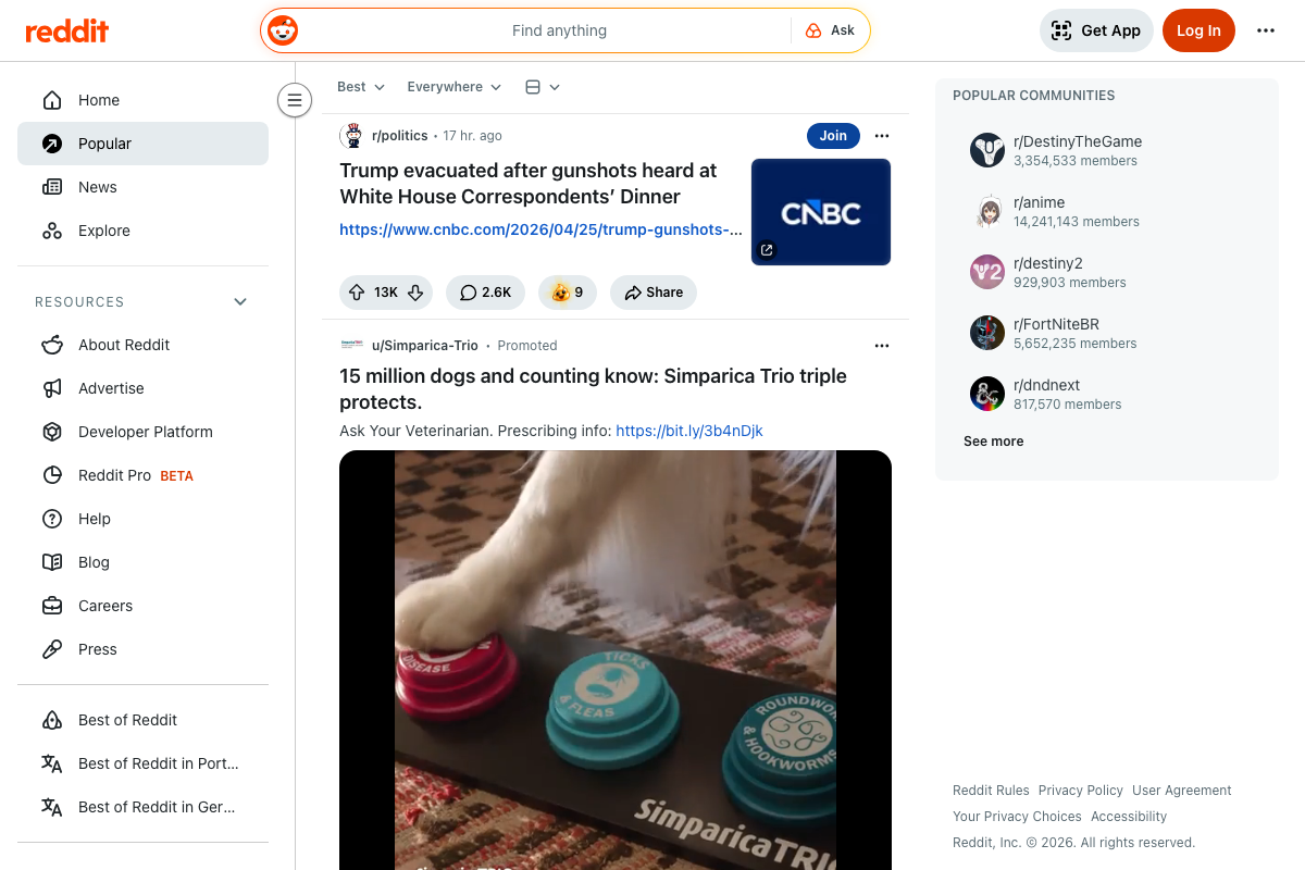 Reddit homepage showing Popular feed, Popular Communities sidebar, and Reddit Pro BETA label