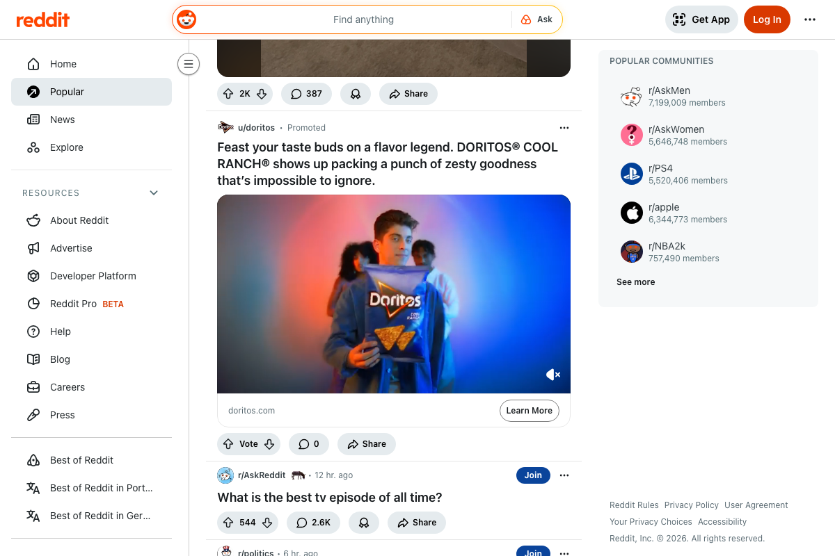 Reddit.com homepage showing a promoted Doritos post — advertising platform statistics from redditinc.com are not present in this screenshot.