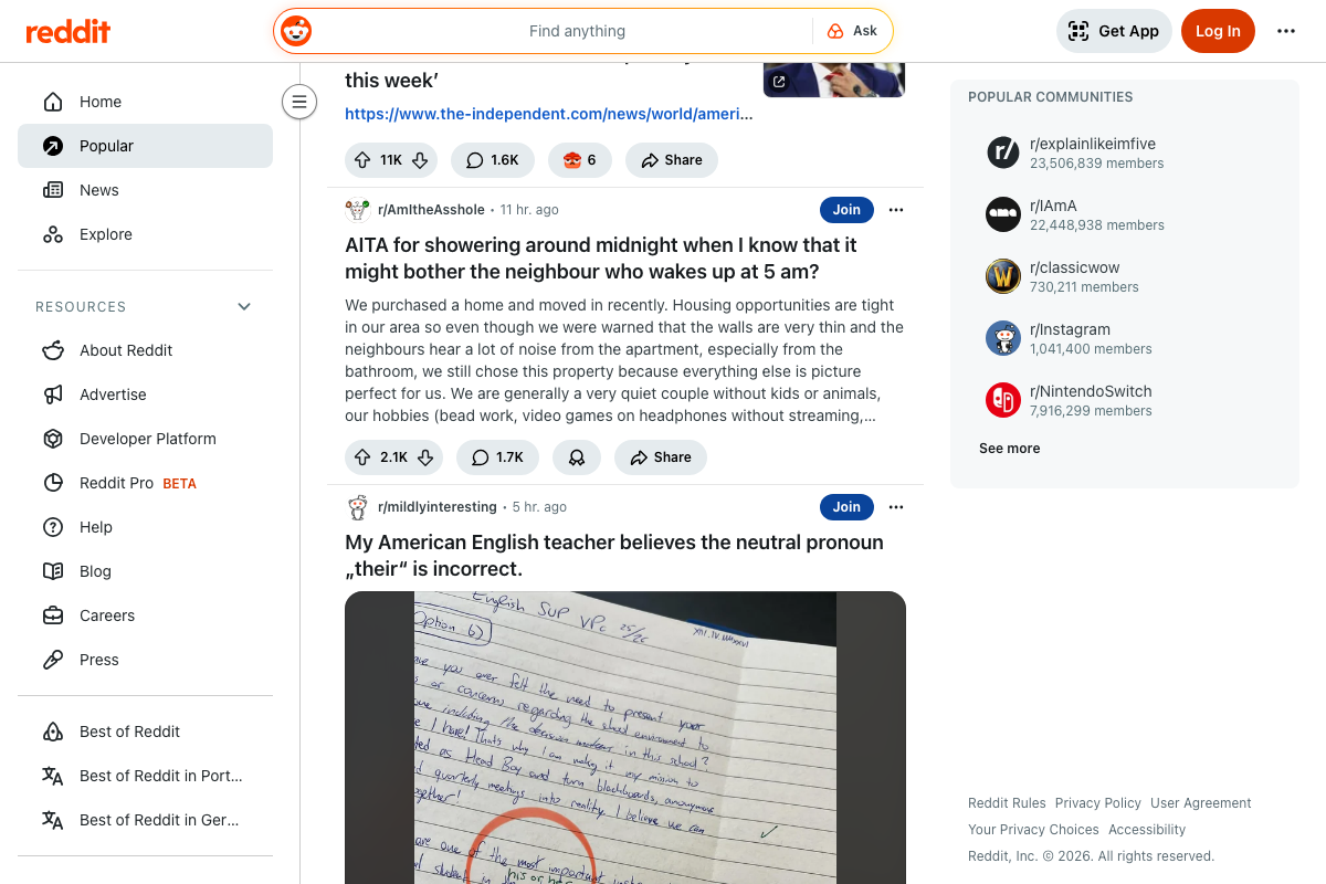 Reddit Popular feed (April 2026) — text post from r/AmItheAsshole (2.1K upvotes) and image post from r/mildlyinteresting both surfaced from niche communities