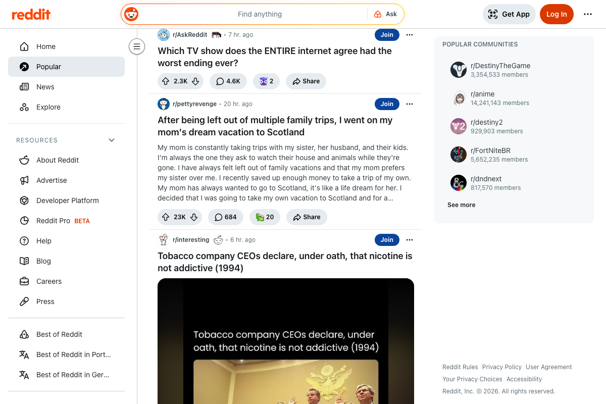 Reddit Popular feed showing general-interest posts from r/AskReddit and r/interesting — confirming subreddit targeting is essential