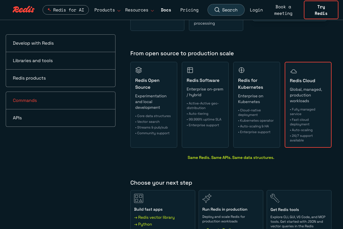 Redis deployment tiers confirming Streams and pub/sub as free Open Source features