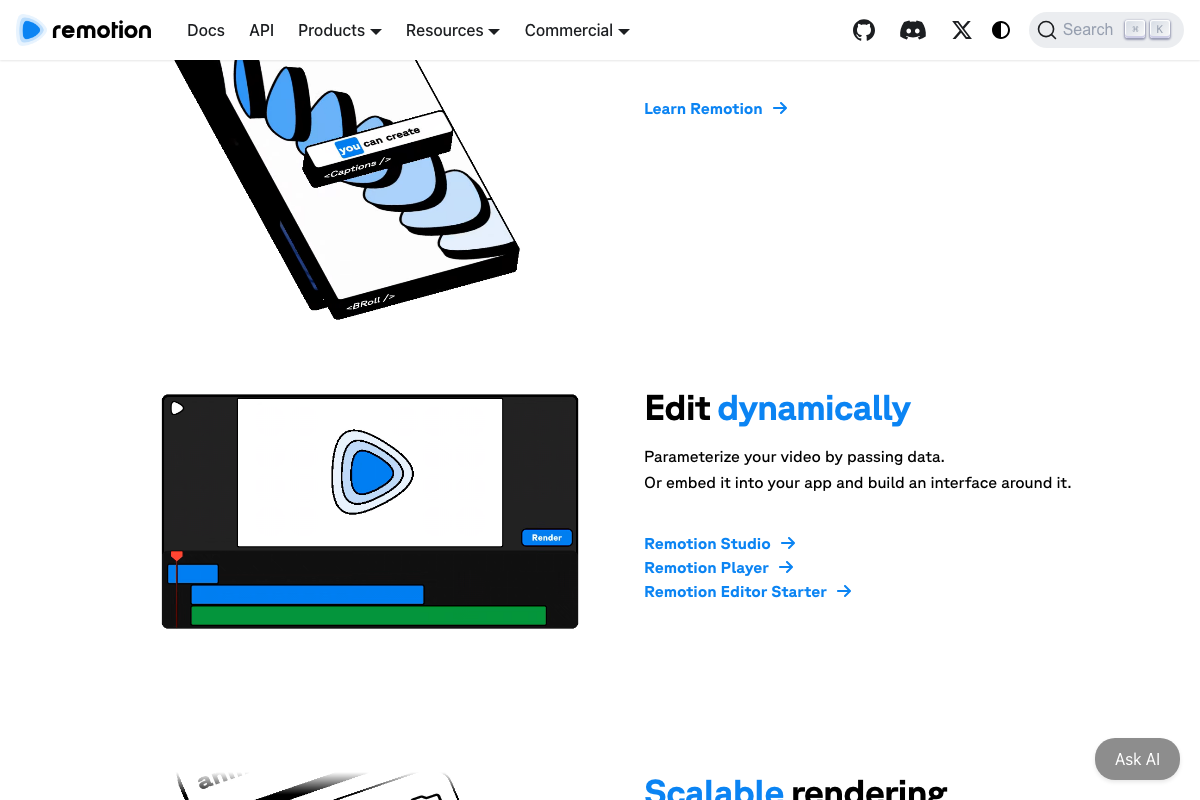Remotion homepage showing data-driven overlays and caption components rendered on a 9:16 portrait frame