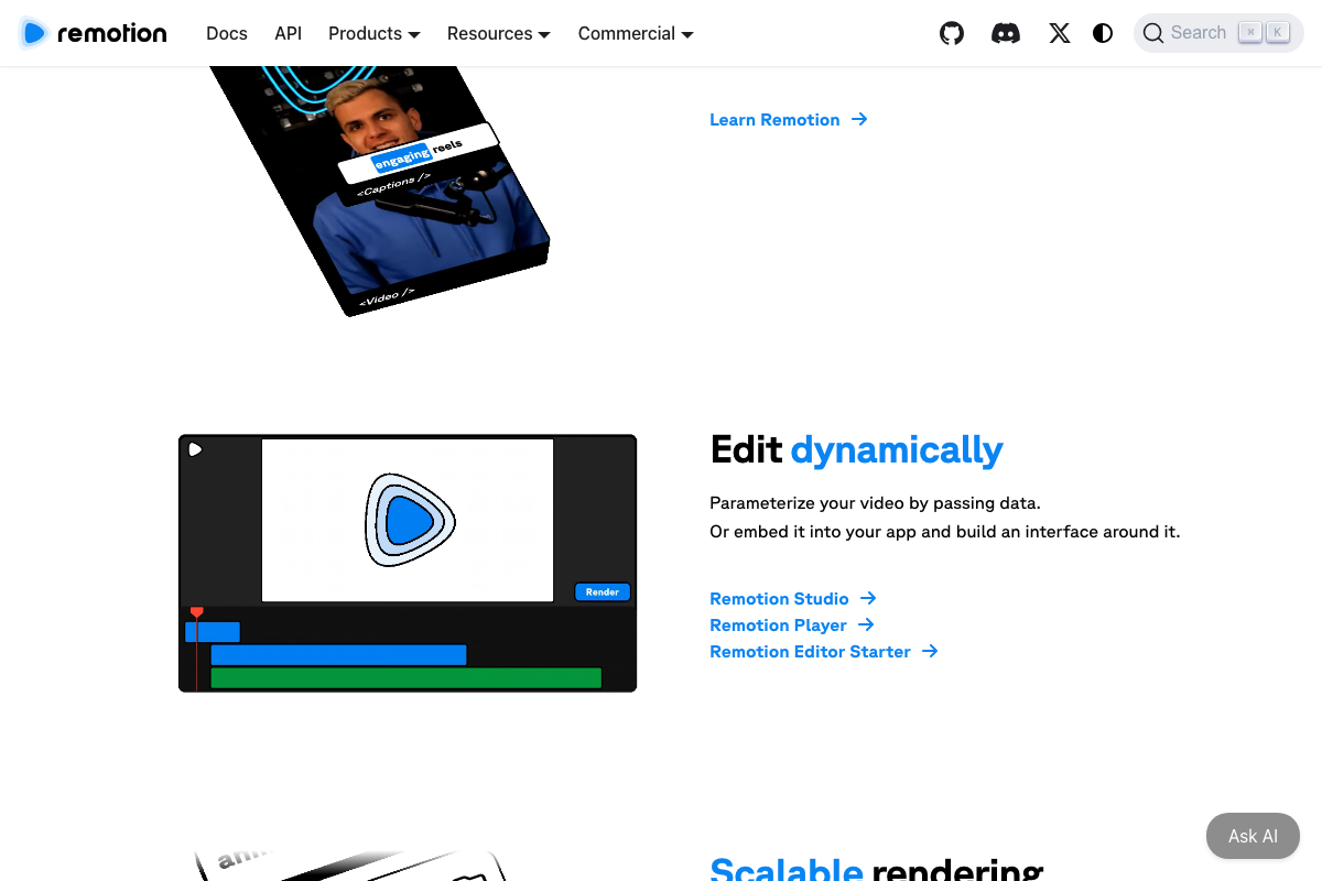 Remotion homepage showing vertical video mockup with \<Captions /\> component labeled “engaging reels”” style=”max-width: 100%; height: auto; border-radius: 8px; box-shadow: 0 4px 20px rgba(0,0,0,0.15);” /><figcaption style=