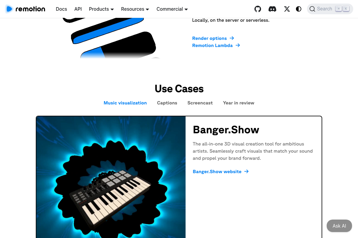 Remotion Use Cases and Scalable Rendering sections confirming captions, Lambda rendering, and multiple production contexts