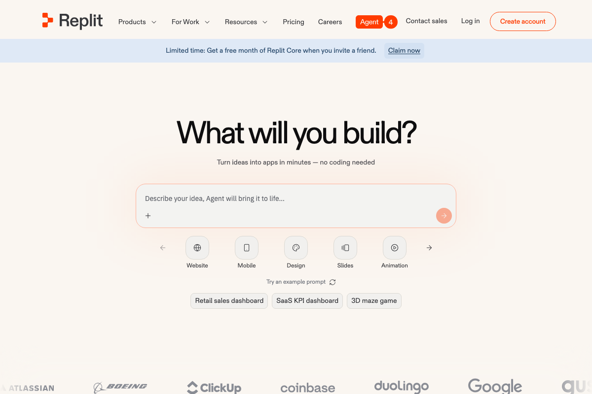Replit homepage Agent interface — skill shortcuts are Website, Mobile, Design, Slides, and Animation. No Ad Creative skill or marketing menu is present.