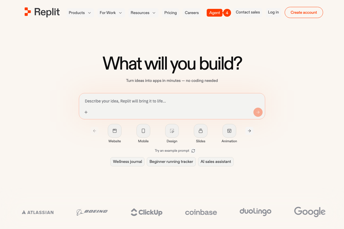 Replit homepage showing AI-powered website creation as a first-class build category alongside Mobile, Design, Slides, and Animation.