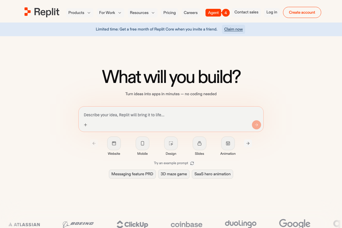 Replit homepage (replit.com) showing AI-powered app builder with no-code positioning and enterprise customer trust bar.