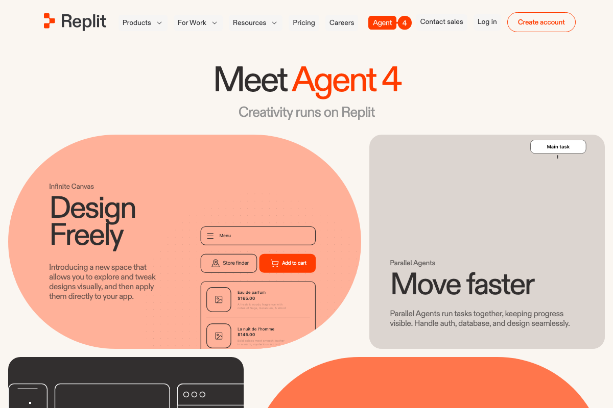 Replit Agent 4 homepage section showing Infinite Canvas for visual design and Parallel Agents for concurrent task execution.