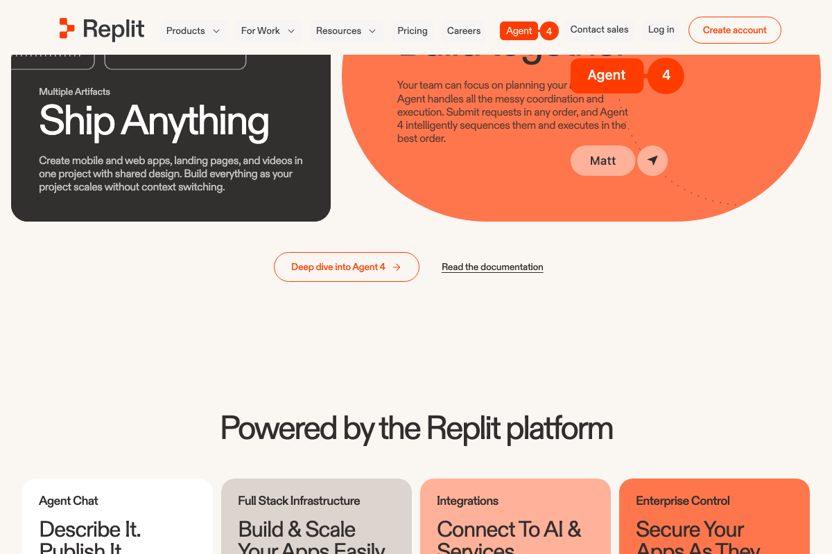 Replit Agent 4 'Multiple Artifacts' feature confirms support for landing pages; 'Agent Chat' confirms natural-language-to-published-page workflow.