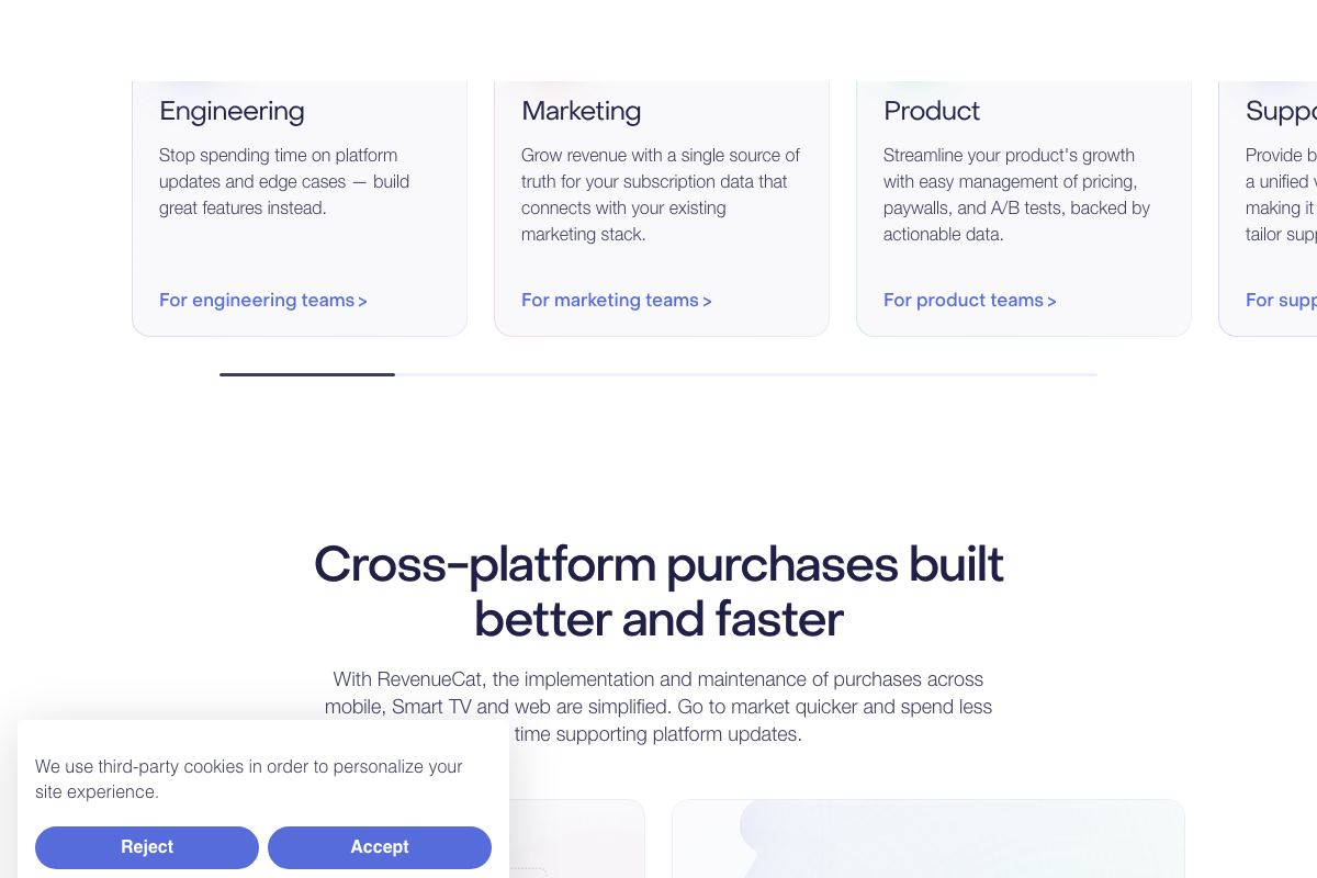 RevenueCat team-specific features: Engineering, Marketing subscription analytics, and Product paywall A/B tests