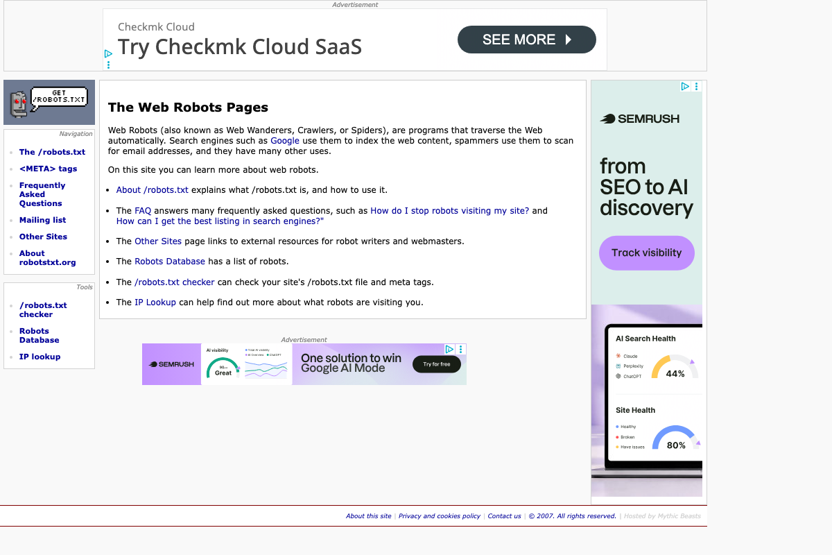 robotstxt.org homepage explaining the robots exclusion protocol with navigation links to the specification, FAQ, Robots Database, and a /robots.txt checker tool.