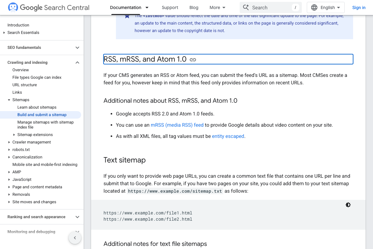 Google Search Central: RSS 2.0 and Atom 1.0 feeds accepted as sitemaps, covering recent URLs only