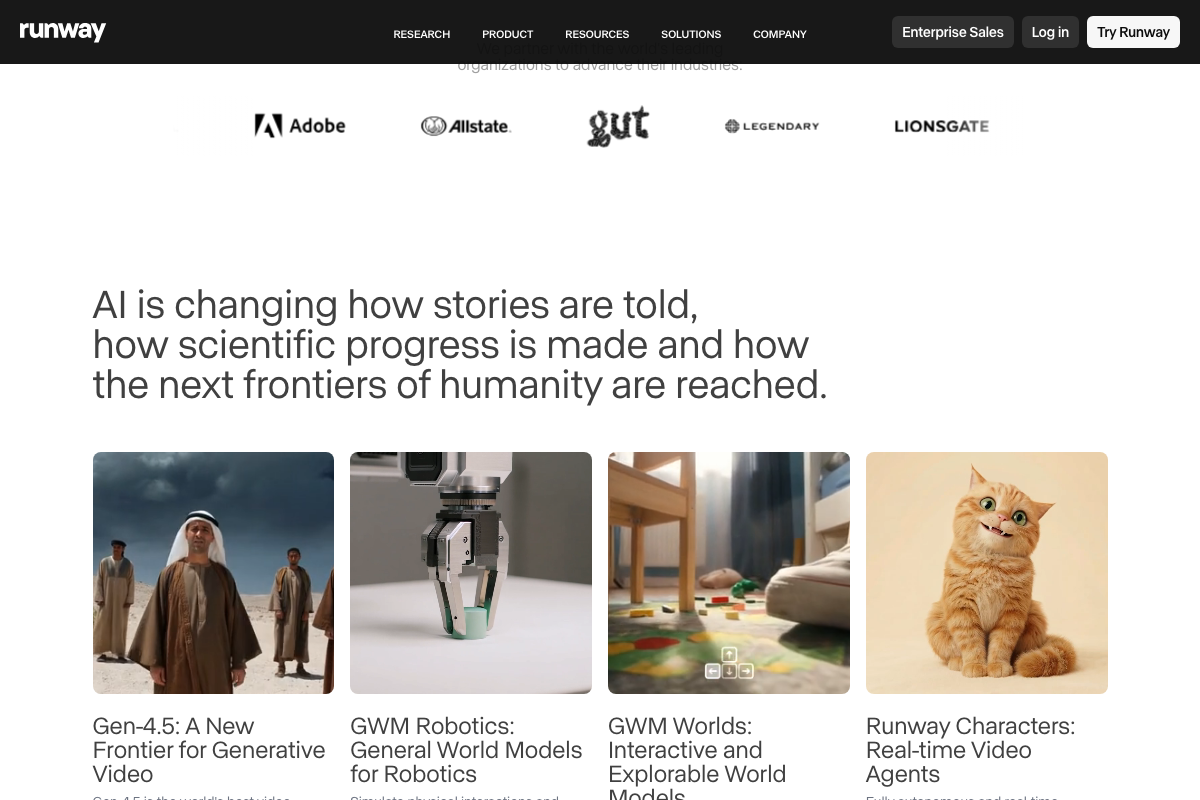Runway homepage confirming 'Runway Characters: Real-time Video Agents' alongside Gen-4.5 in official product listings.