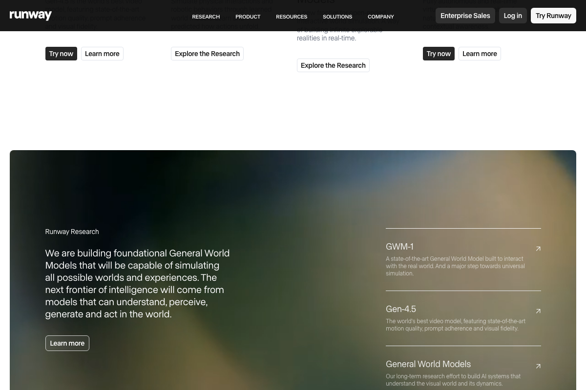 Runway Research section listing Gen-4.5 and GWM-1 as official named models — Sea Dance 2.0 does not appear.