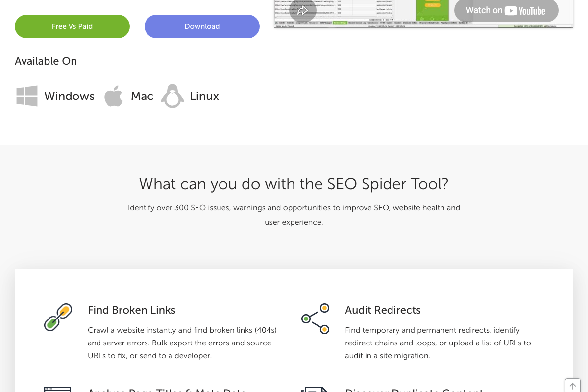 Screaming Frog feature list confirming broken link detection, redirect auditing, duplicate content discovery, and built-in JavaScript rendering