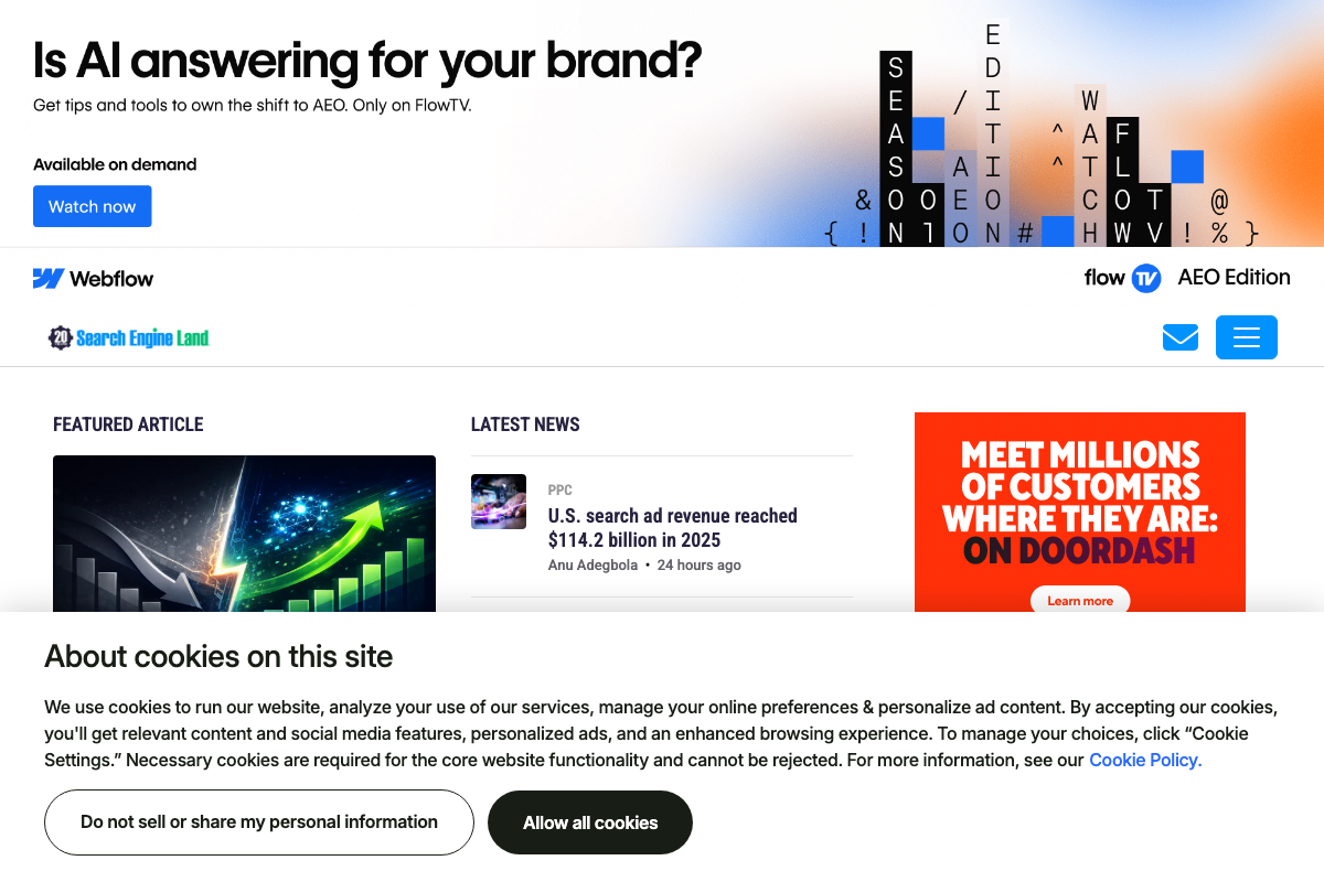 Search Engine Land homepage as of April 2026 — no FAQ schema article was visible in the captured screenshots