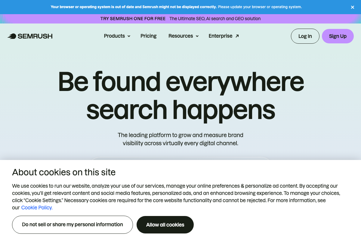 Semrush homepage (semrush.com) describing the platform as 'The Ultimate SEO, AI search and GEO solution.'