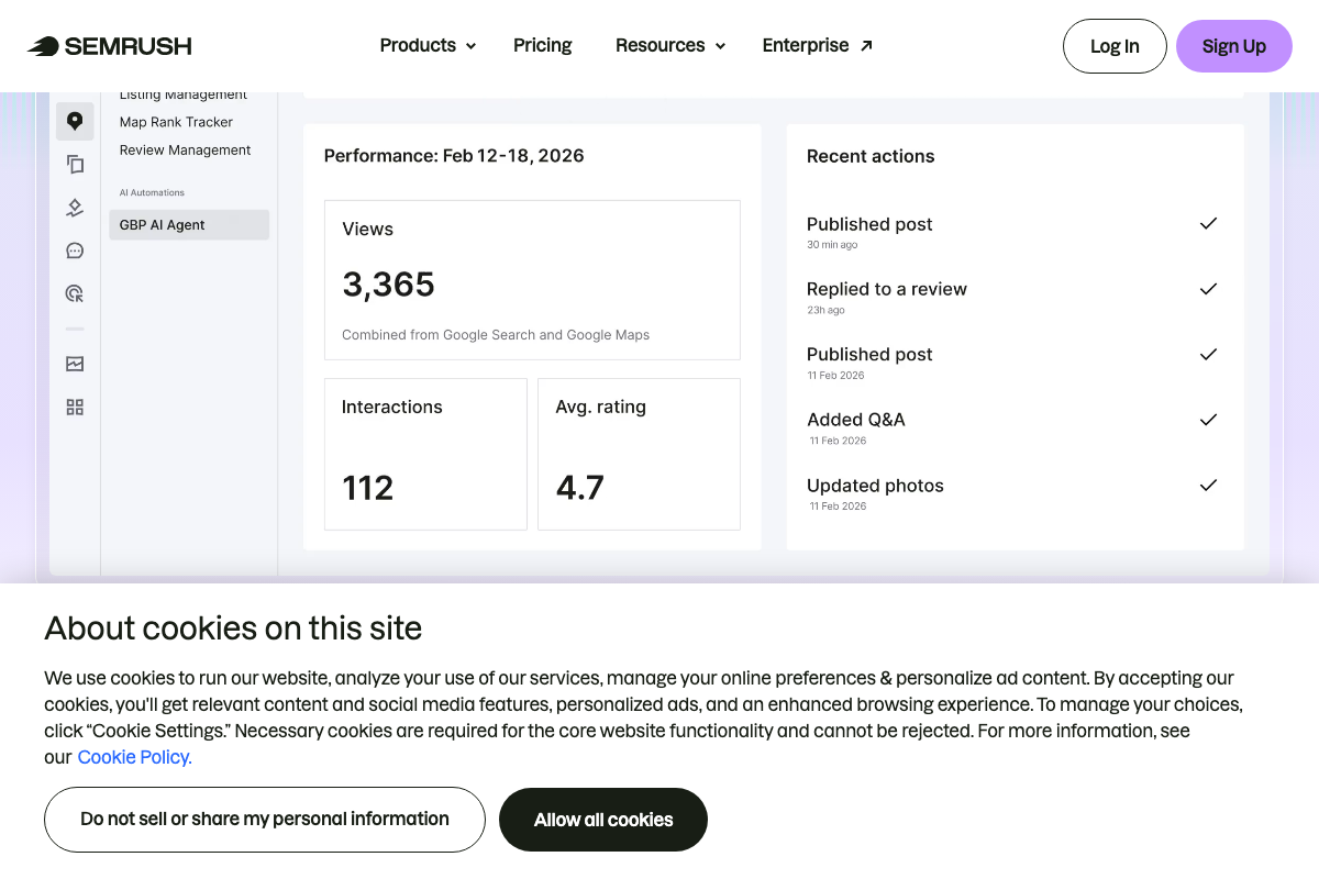 Semrush GBP AI Agent dashboard showing local listing performance metrics from Google Search and Google Maps, Feb 12–18, 2026.