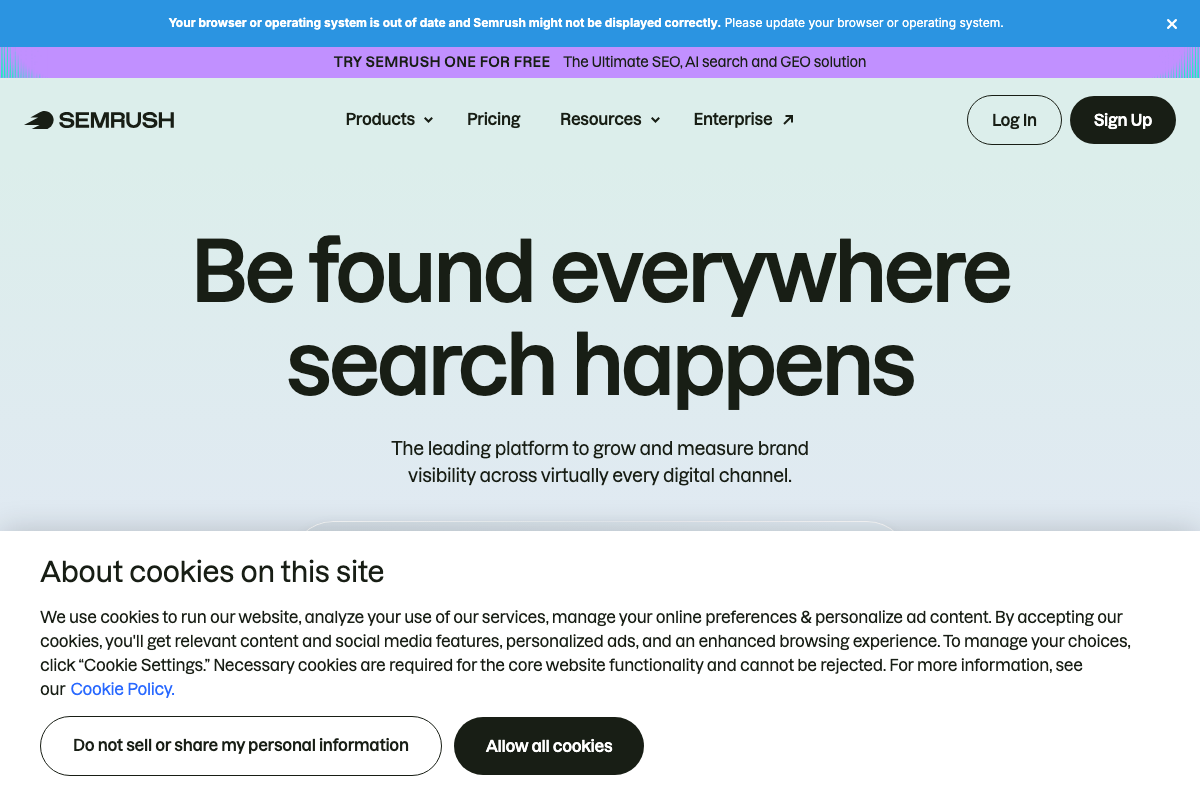 Semrush homepage positioning the platform as an SEO, AI search, and GEO solution — the Semrush One banner explicitly names AI search visibility as a core product capability.