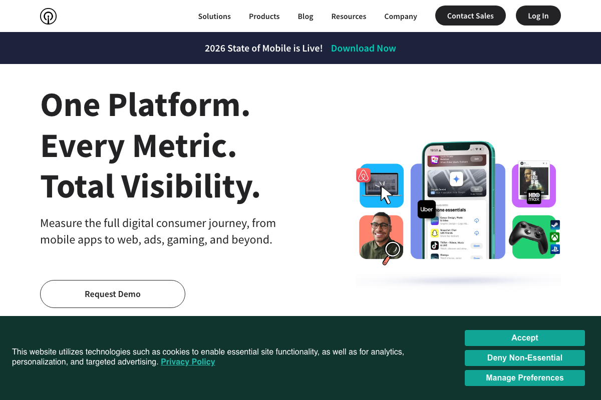 Sensor Tower homepage (April 2026) showing its positioning as a paid enterprise intelligence platform — access to competitive app revenue data requires contacting sales.