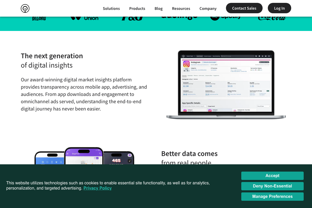 Sensor Tower's platform overview page describing its mobile app, advertising, and audience transparency capabilities across the full digital consumer journey.