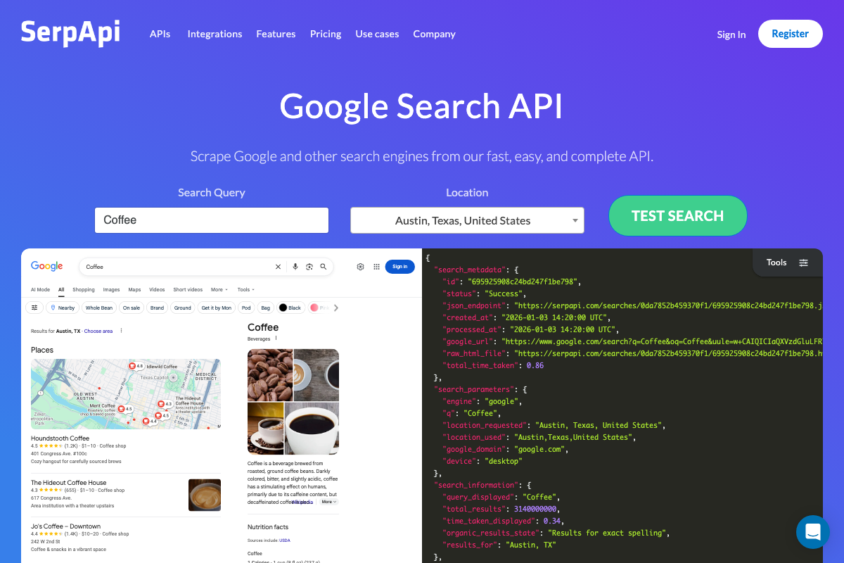 SerpAPI Google Search API homepage showing live JSON response structure with search_metadata, search_parameters, and search_information fields