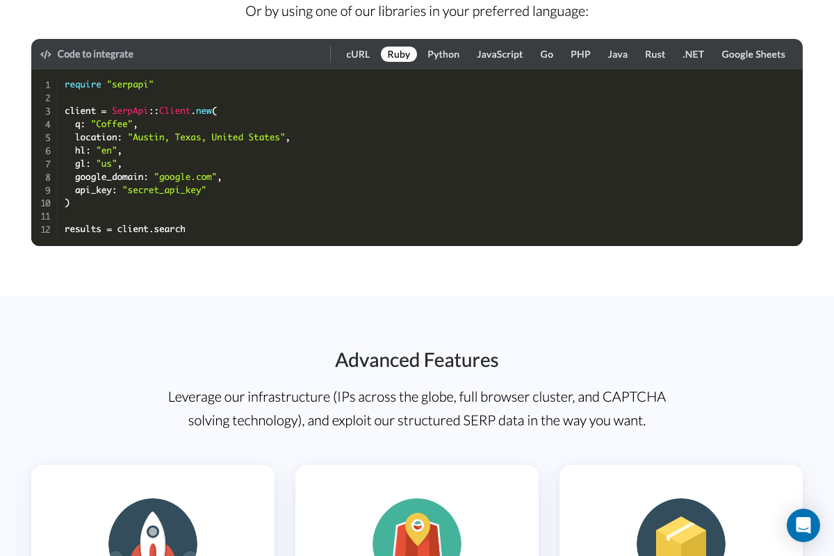 SerpAPI multi-language SDK integration panel; Ruby example shows api_key as a literal string — environment variable loading is not depicted in the official code sample