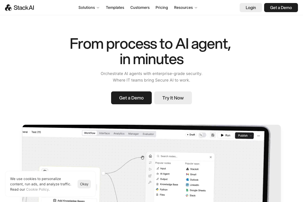 Stack AI homepage confirming its high-contrast enterprise design system — the reference site named in tutorial step 5