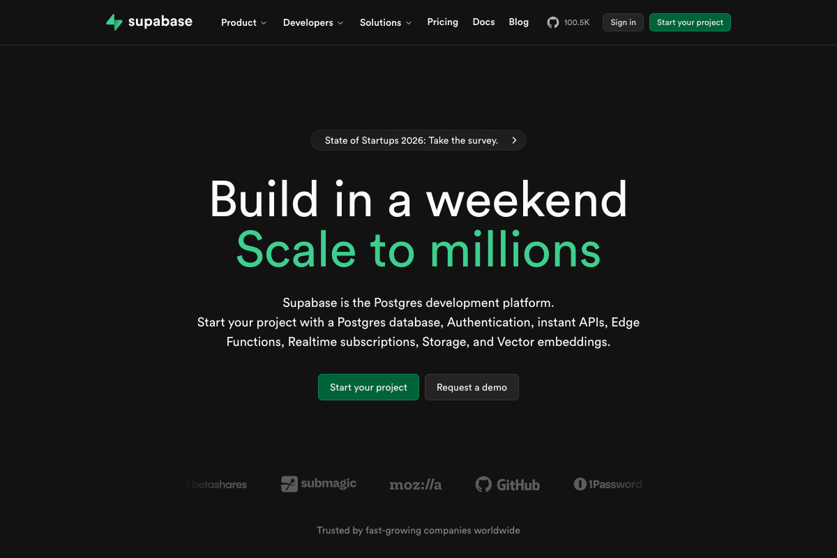 Supabase homepage: Postgres development platform with Auth, Edge Functions, Realtime, Storage, and Vector embeddings